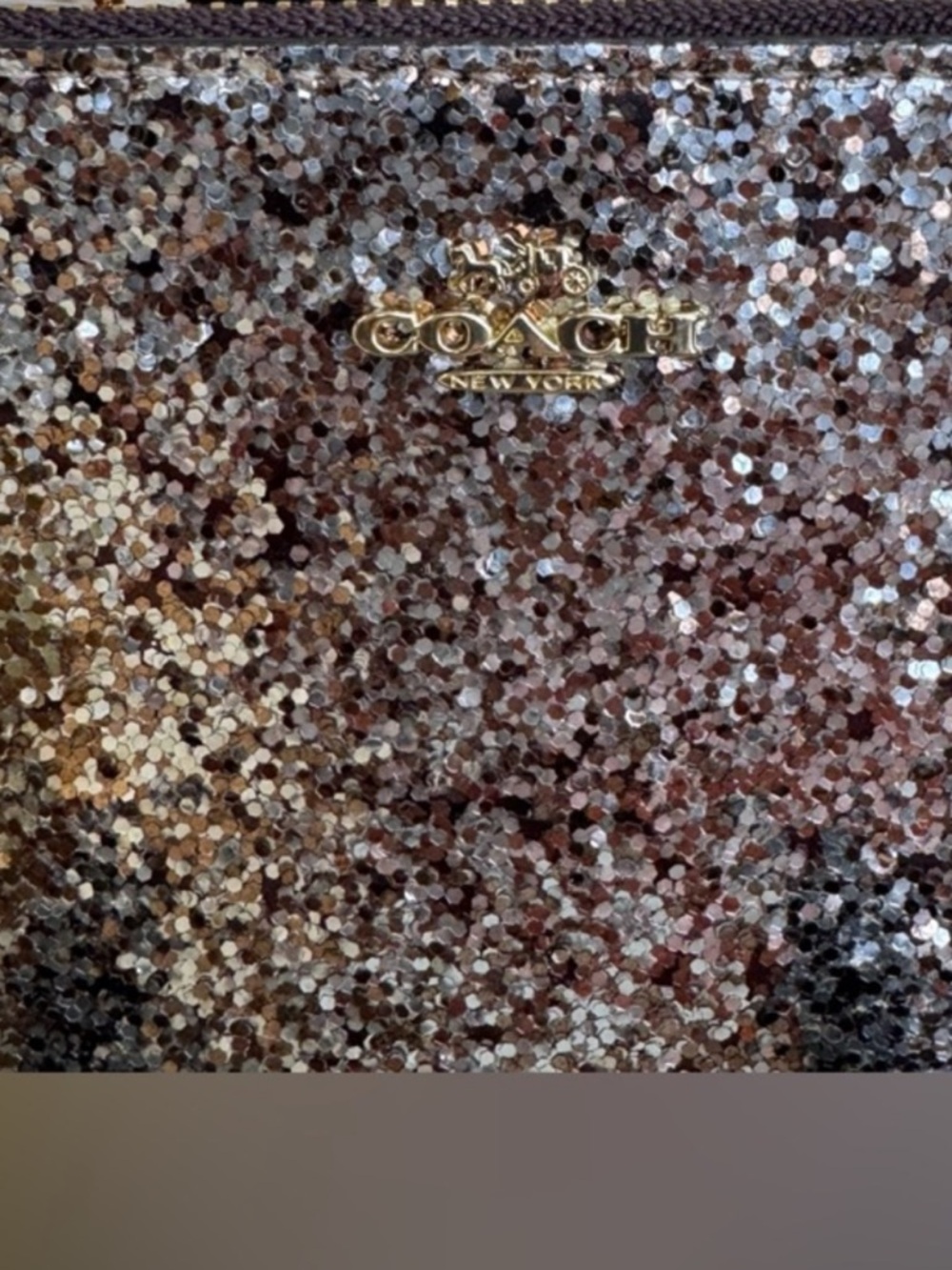 COACH Glitter Zip Pouch Card Holder in Gold Sparkle - Picture 2 of 7